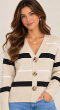 Gilet en maille rayé beige et noir à boutons dorés