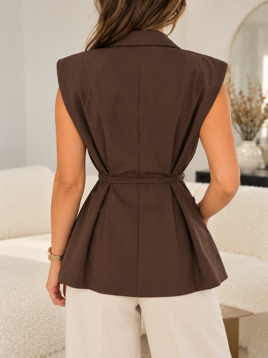Blazer sans manches chocolat à ceinture nouée