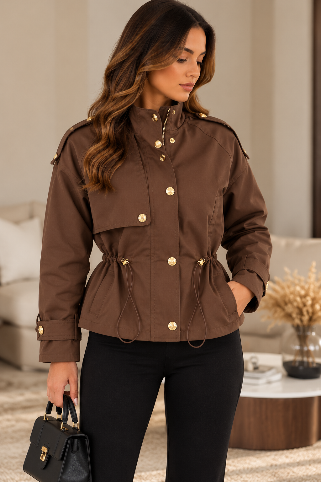 Veste courte chocolat à taille ajustable et détails dorés